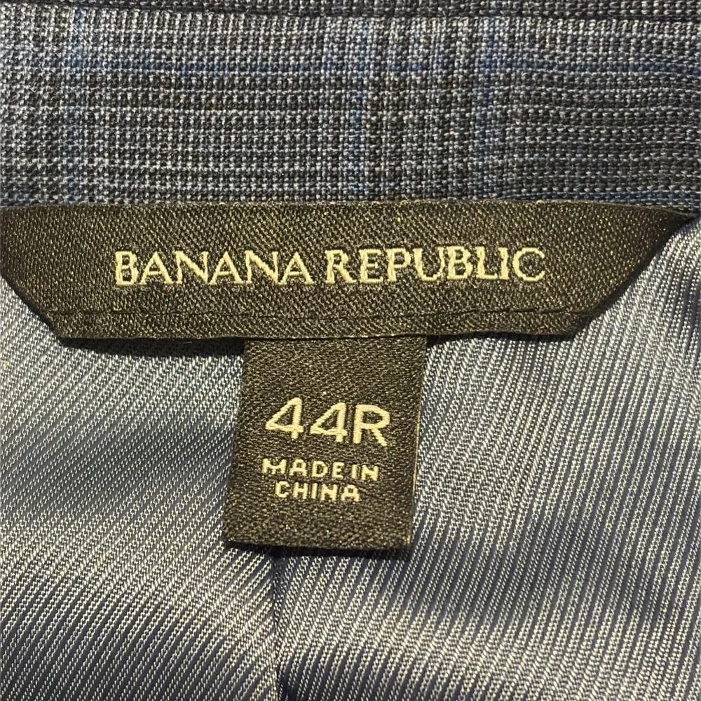 Banana Republic Mens 44R Navy Blue Checkered Plaid Marlane Wool Slim Blazer